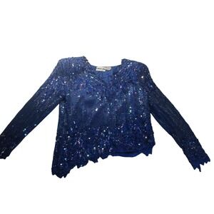 Swee Lo VTG 80s Sequin Silk Top Beaded Party Blouse S Disco Glam Party Night Out